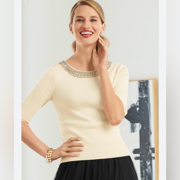 NWT Talbots Woman Embellished Neck Sweater, Size 1X Color Ivory - Picture 1 of 9